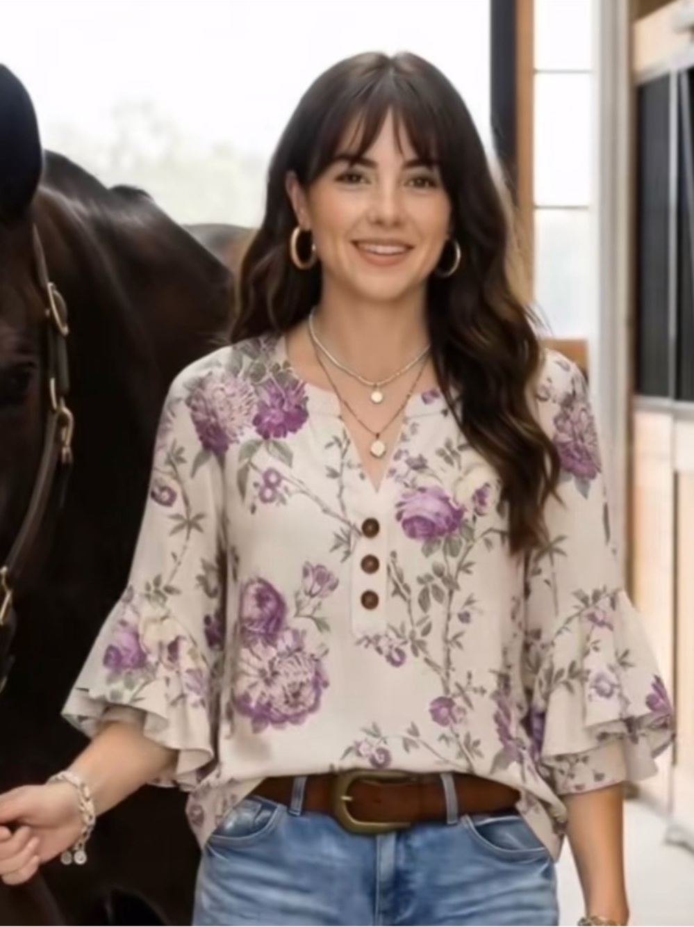 Cream Floral Henley Blouse with Ruffle Sleeves - Purple Print XL